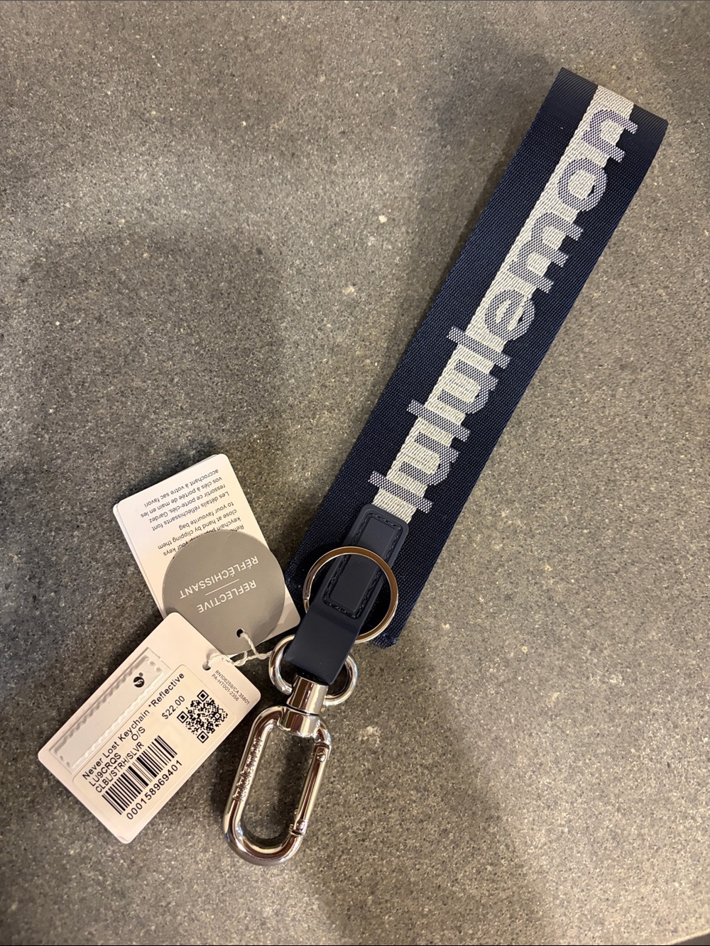 lululemon navy and white logo key lanyard with metal clip